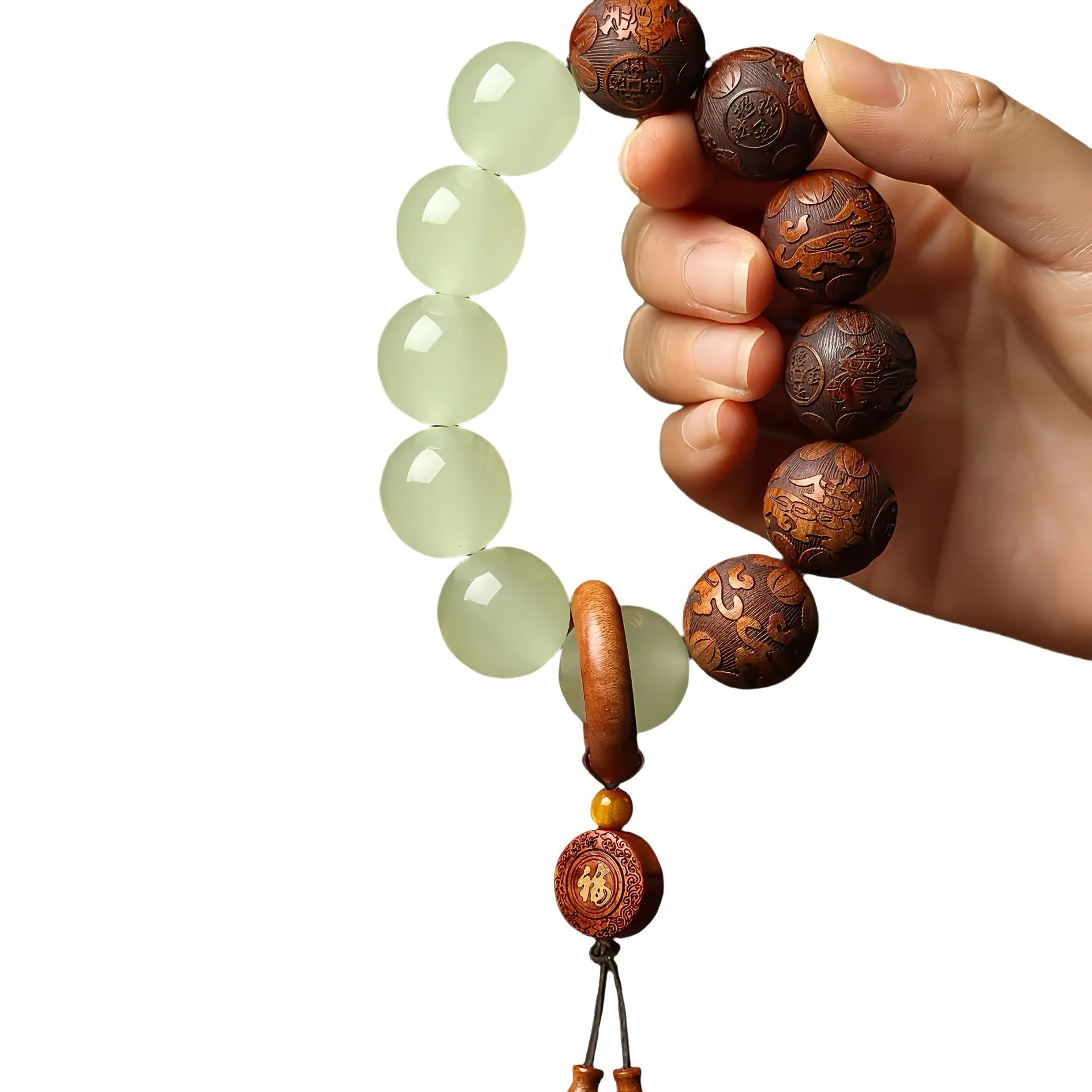 Flexible rosewood bead bracelet with carved Fu character in amass fortunes colour.