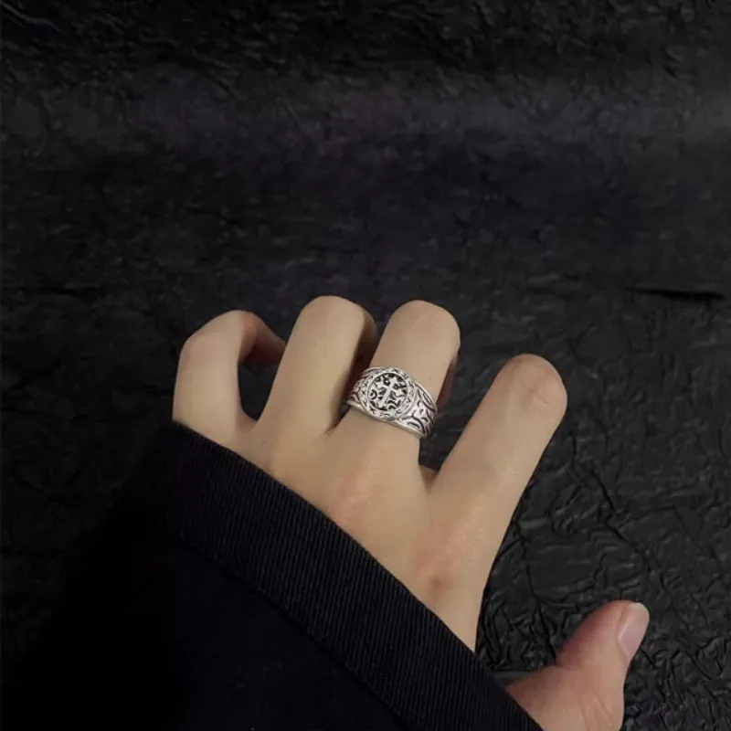 Retro cross alloy vintage ring with niche hip-hop style design on index finger