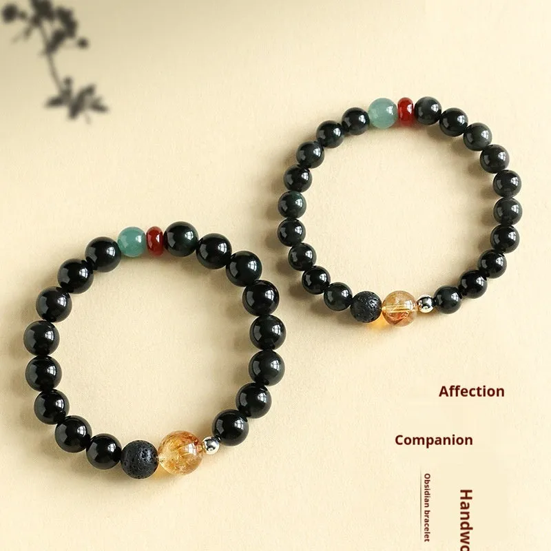 Chinese style obsidian yellow tower crystal agate jade bracelet in 8mm or 10mm bead sizes
