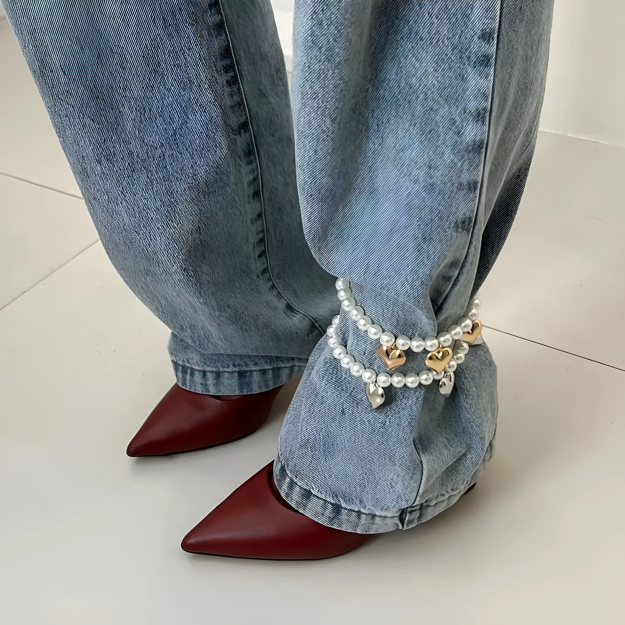 Heart-shaped pearl beaded jeans chain in mixed colour, plastic resin women's accessory