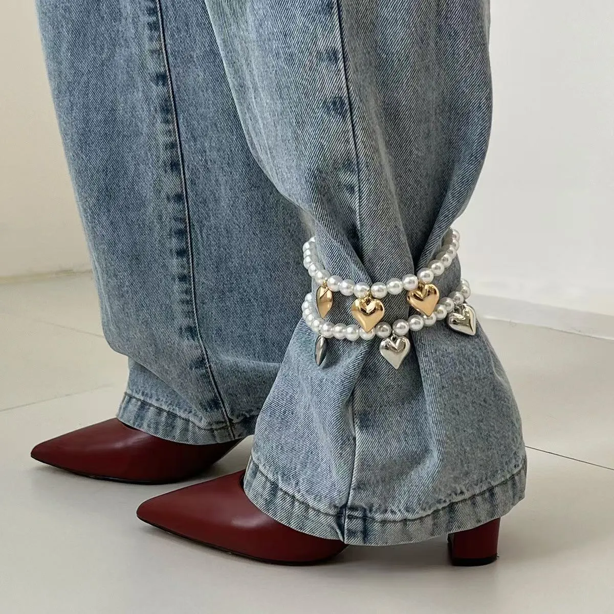 Heart-shaped pearl beaded jeans chain in mixed colour, plastic resin women's accessory
