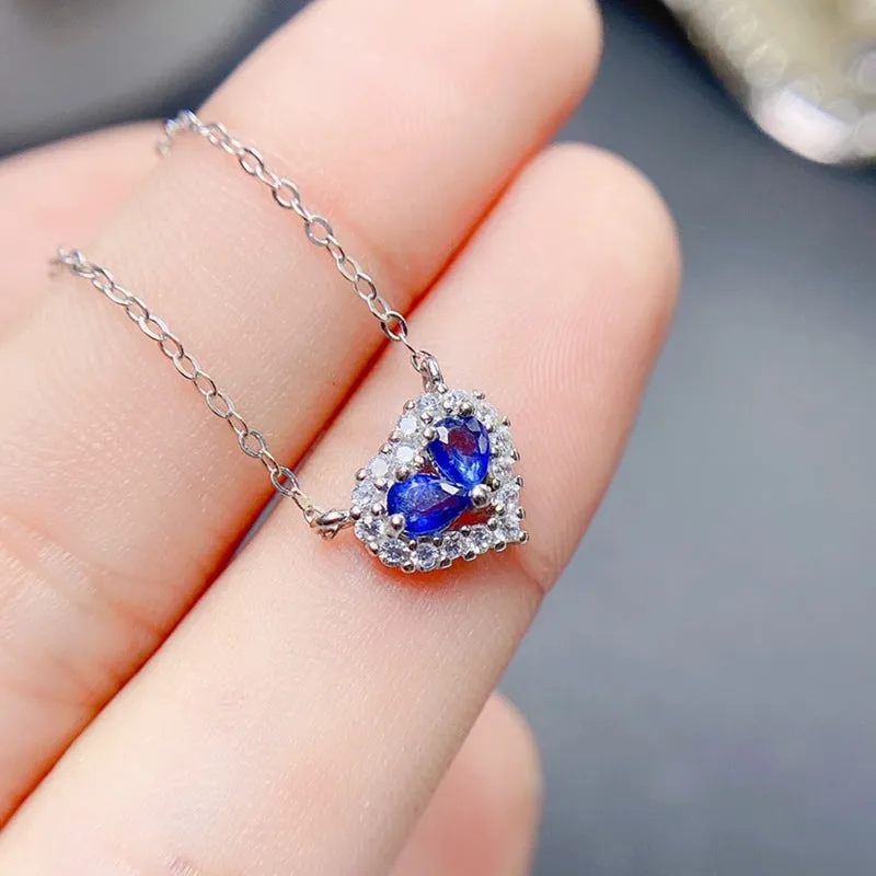 Natural sapphire heart pendant necklace in 925 sterling silver, white gold colour, gemstone inlay, casual style