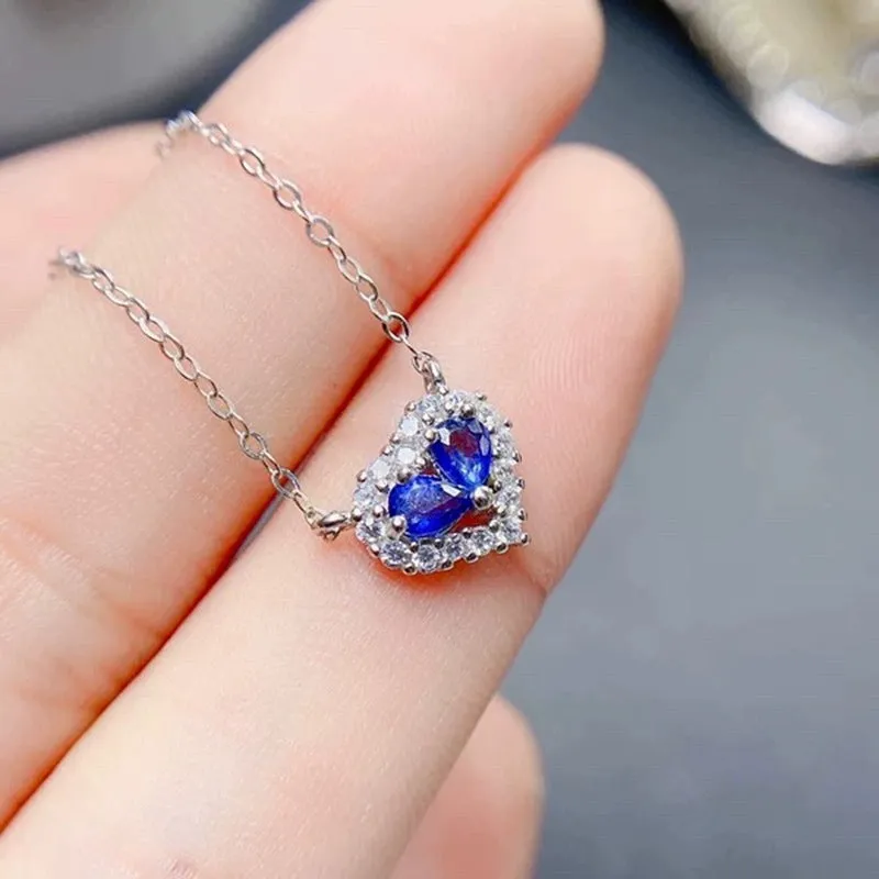 Natural sapphire heart pendant necklace in 925 sterling silver, white gold colour, gemstone inlay, casual style