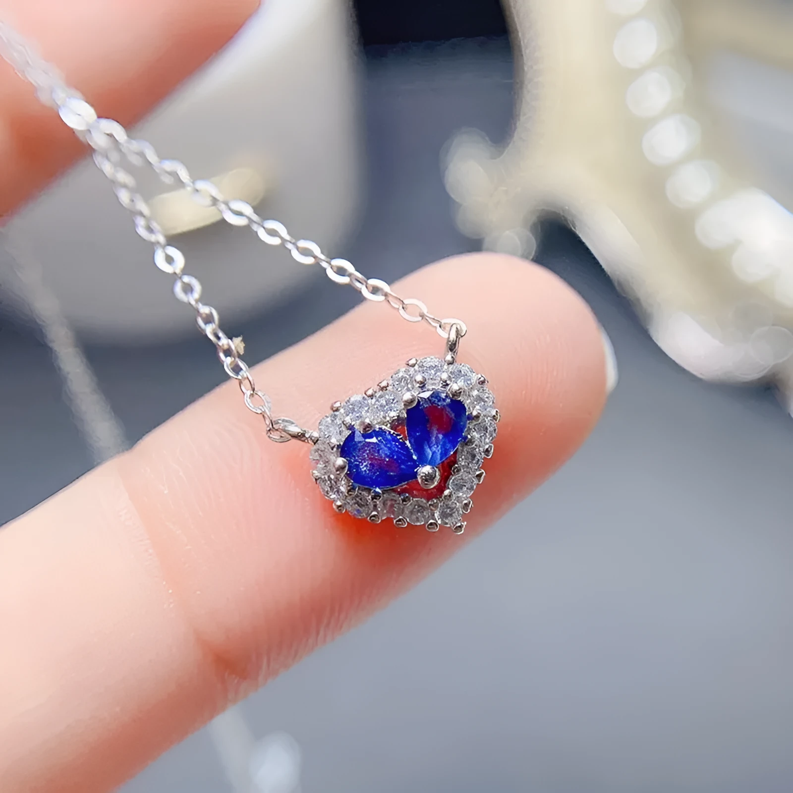 Natural sapphire heart pendant necklace in 925 sterling silver, white gold colour, gemstone inlay, casual style