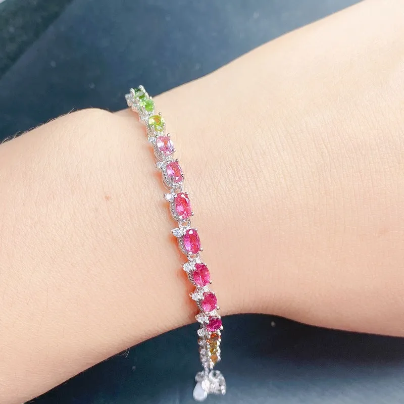 Women's natural tourmaline bracelet with 5x3mm stones in 925 sterling silver white gold colour finish