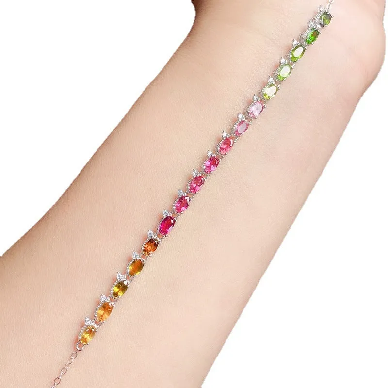Women's natural tourmaline bracelet with 5x3mm stones in 925 sterling silver white gold colour finish