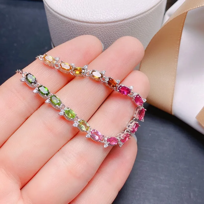 Women's natural tourmaline bracelet with 5x3mm stones in 925 sterling silver white gold colour finish
