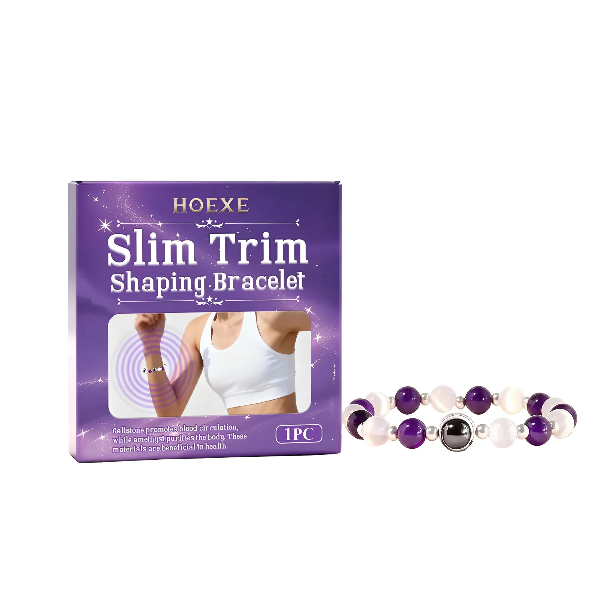 Slim trim shaping bracelet with glass, CCB, and black gallstone on a light background