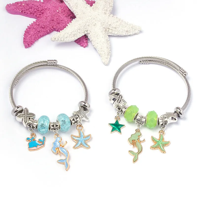 DIY open-end adjustable blue ocean series mermaid pendant bracelet multi-colour beaded alloy jewellery for women