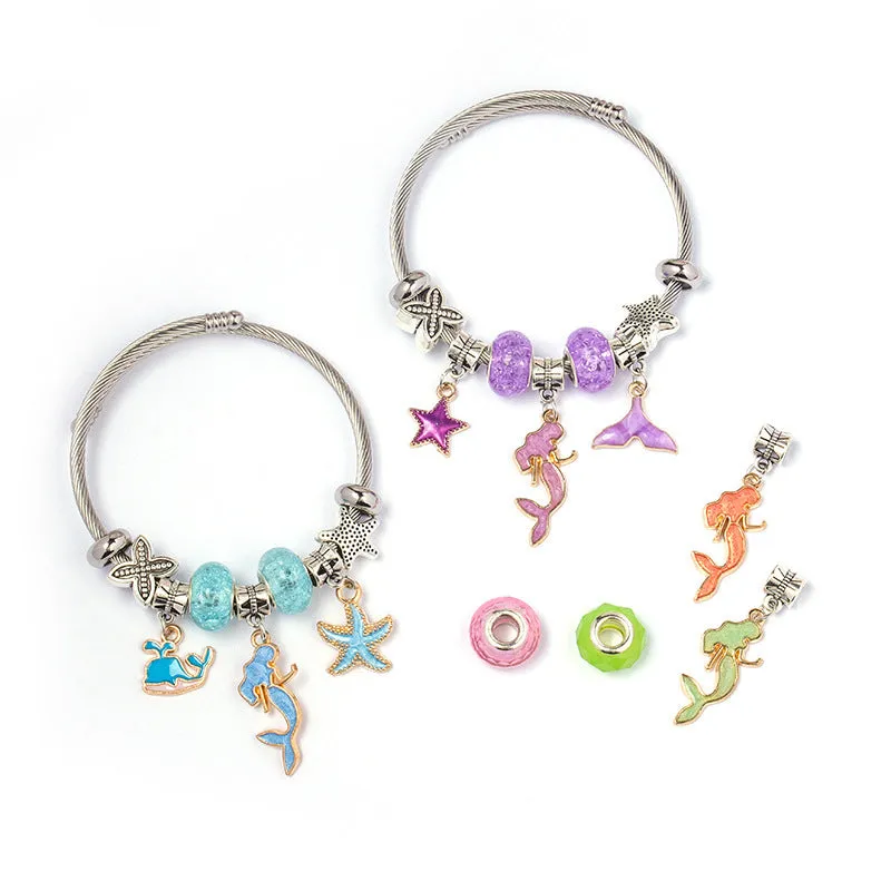 DIY open-end adjustable blue ocean series mermaid pendant bracelet multi-colour beaded alloy jewellery for women