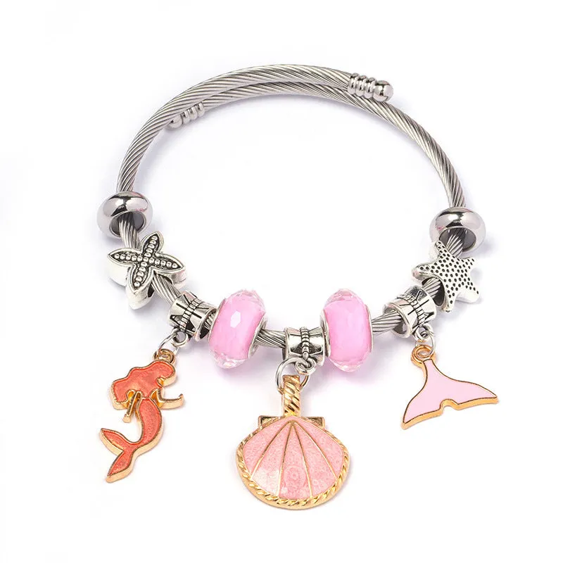 DIY open-end adjustable blue ocean series mermaid pendant bracelet multi-colour beaded alloy jewellery for women