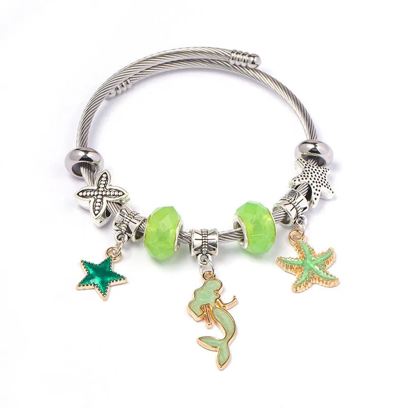 DIY open-end adjustable blue ocean series mermaid pendant bracelet multi-colour beaded alloy jewellery for women