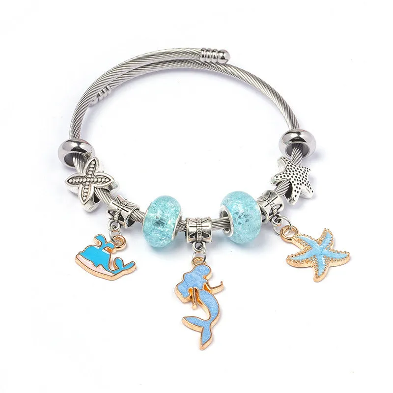 DIY open-end adjustable blue ocean series mermaid pendant bracelet multi-colour beaded alloy jewellery for women