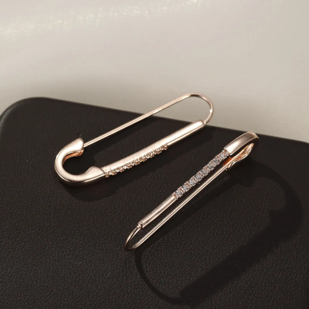 Rose gold copper pin earrings with geometric asymmetric shape and inlaid zircon for women