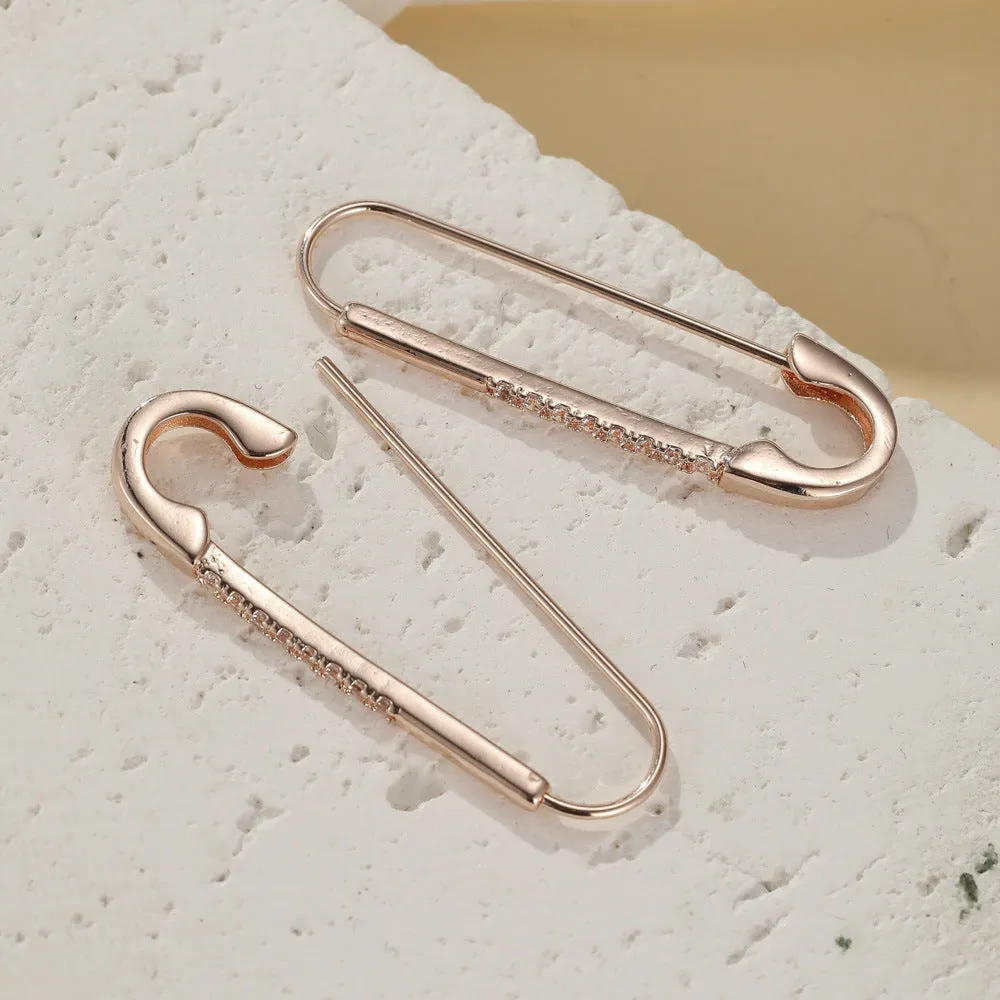Rose gold copper pin earrings with geometric asymmetric shape and inlaid zircon for women