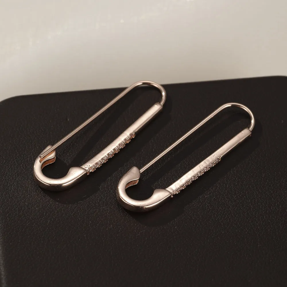 Rose gold copper pin earrings with geometric asymmetric shape and inlaid zircon for women
