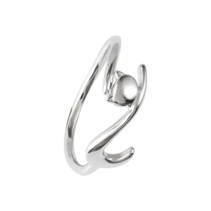 Lazy Cat open ring white gold colour adjustable brass ring with cat motif creative design for women