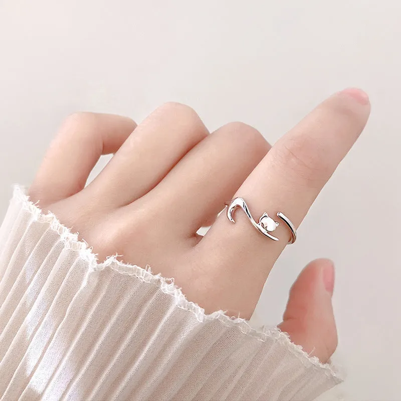 Lazy Cat open ring white gold colour adjustable brass ring with cat motif creative design for women