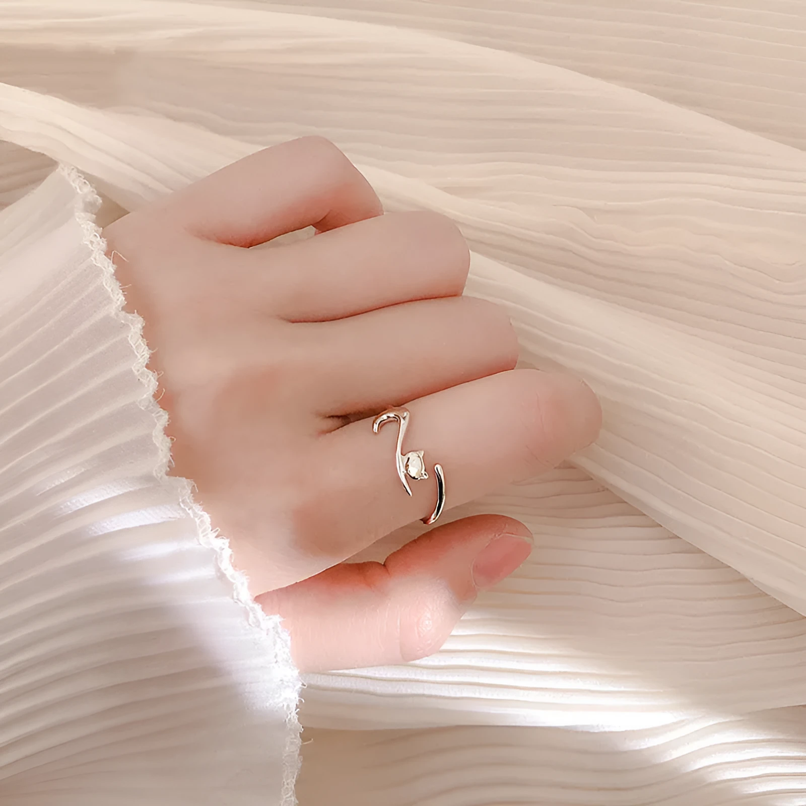 Lazy Cat open ring white gold colour adjustable brass ring with cat motif creative design for women