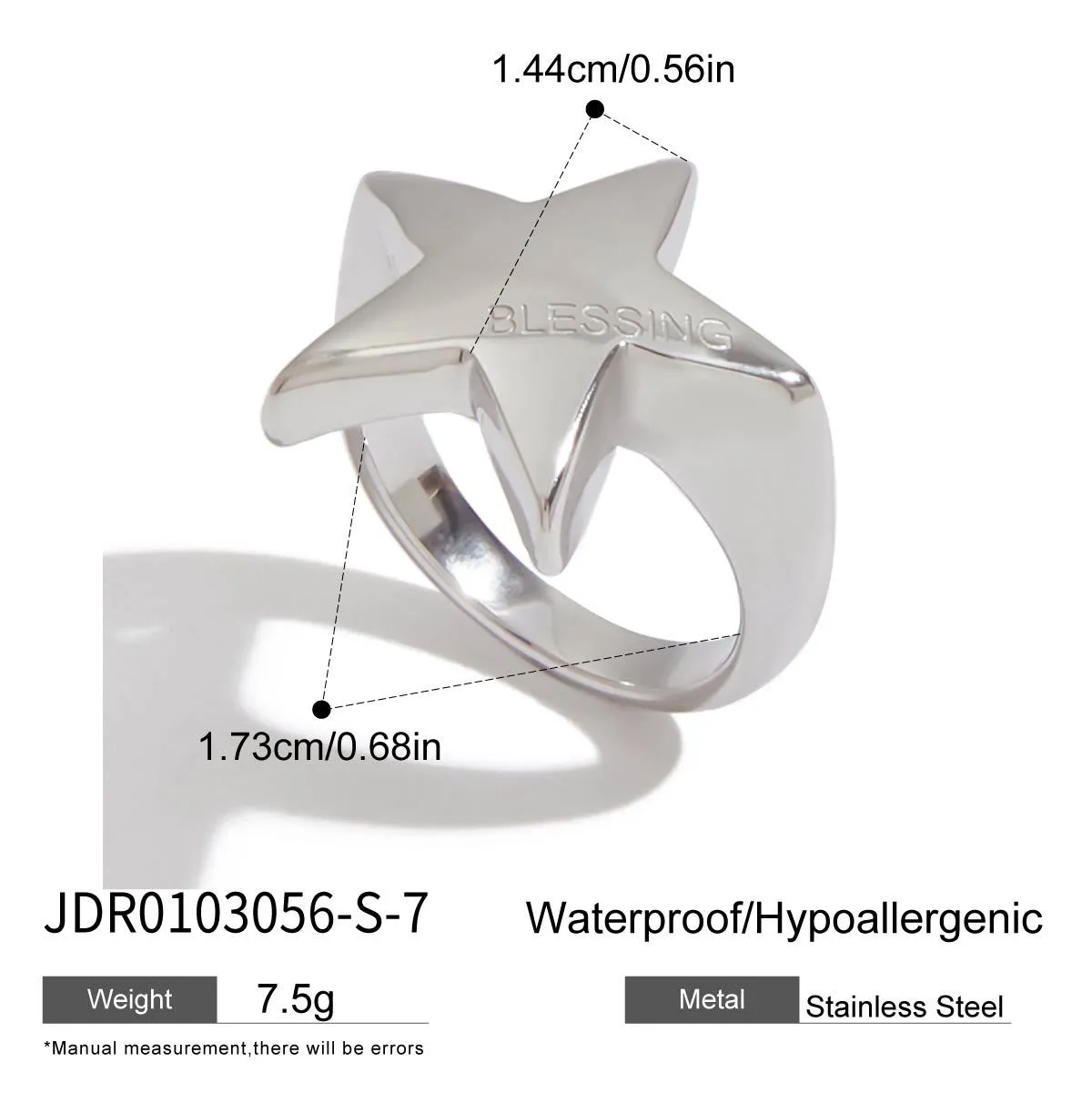 Women's five-pointed star stainless steel ring with electroplated finish, size No. 7, colour JDR0103056