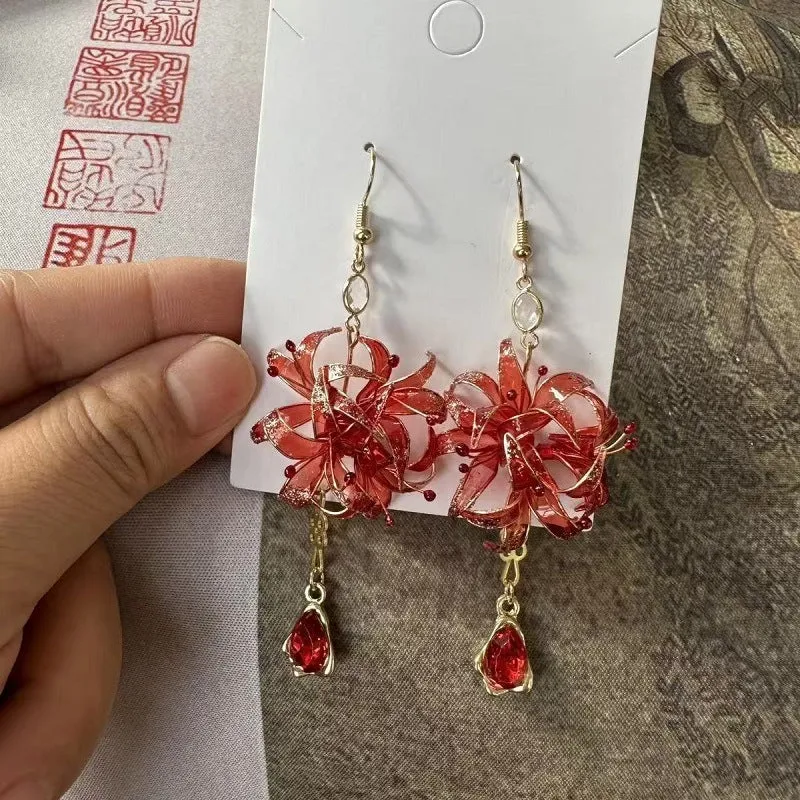 Red spider lily manjushage women's floral drop earrings in red gold resin plastic original design