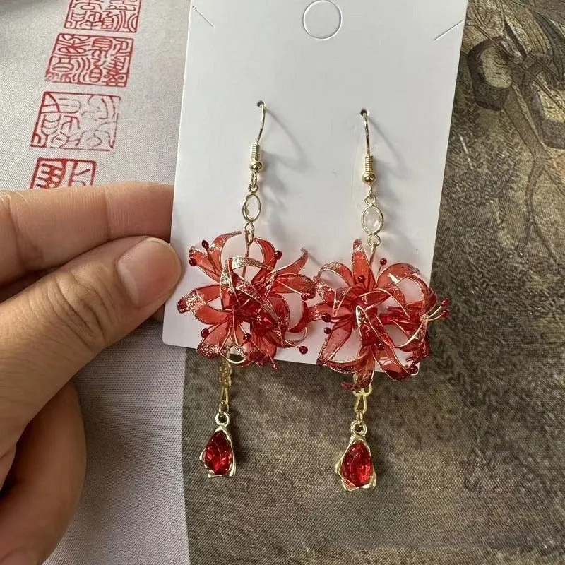 Red spider lily manjushage women's floral drop earrings in red gold resin plastic original design