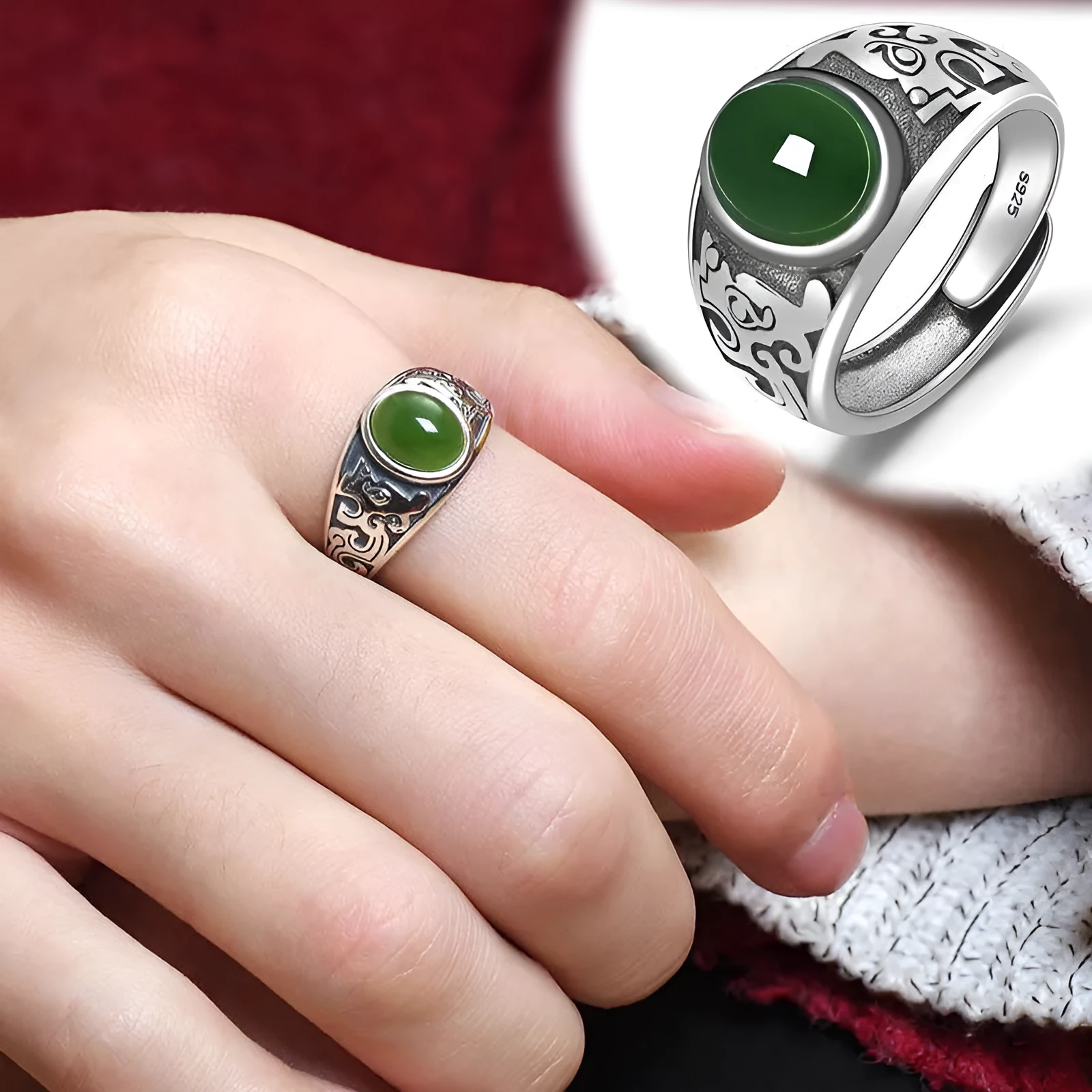 Men's imitation Hetian jade silver-plated retro-style green ring with adjustable opening and geometric shape
