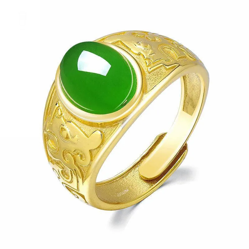 Men's imitation Hetian jade silver-plated retro-style green ring with adjustable opening and geometric shape