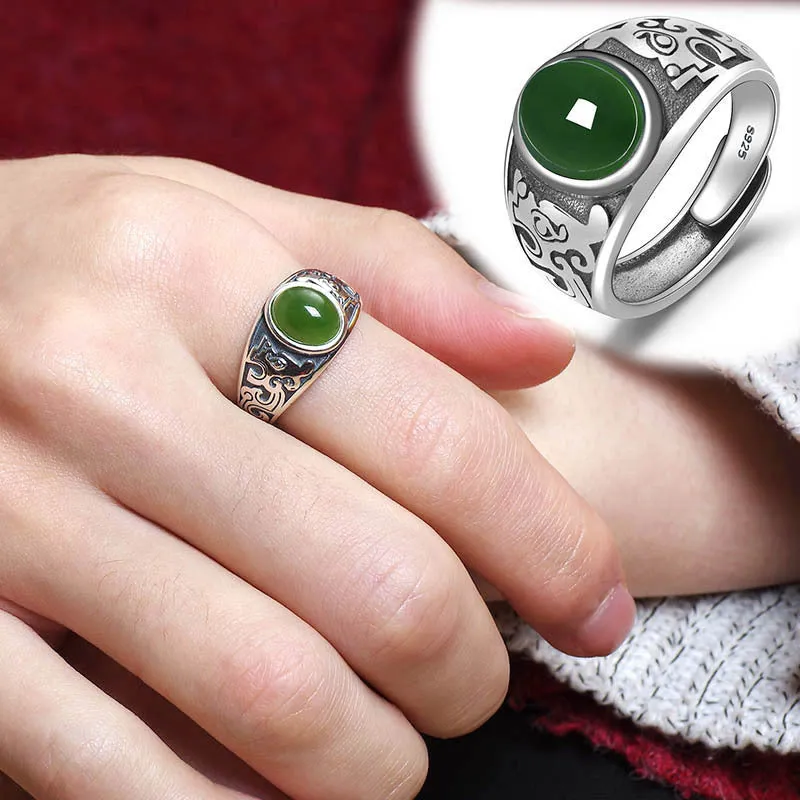 Men's imitation Hetian jade silver-plated retro-style green ring with adjustable opening and geometric shape