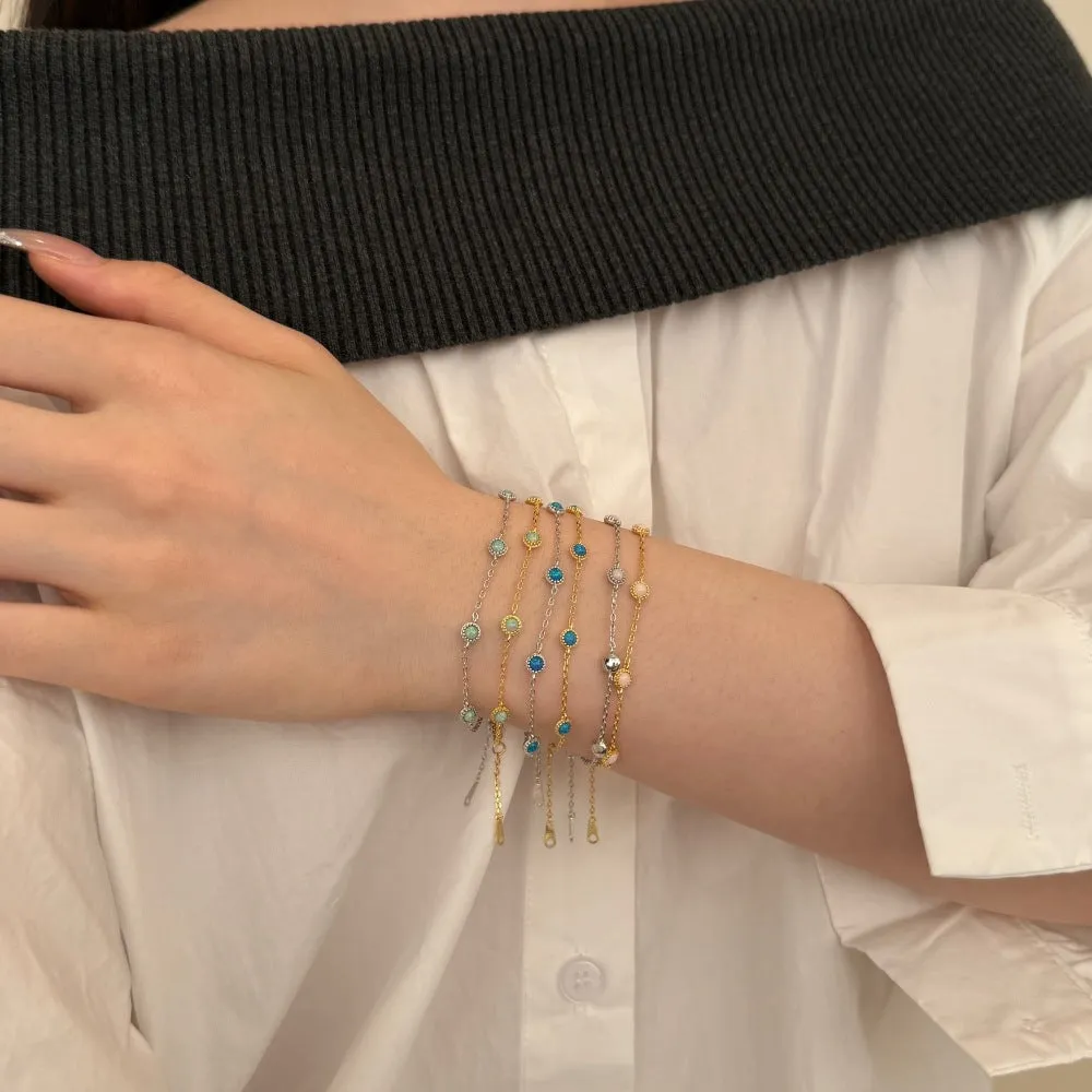 925 sterling silver bracelet with round opal stones in Japanese Korean geometric style for women
