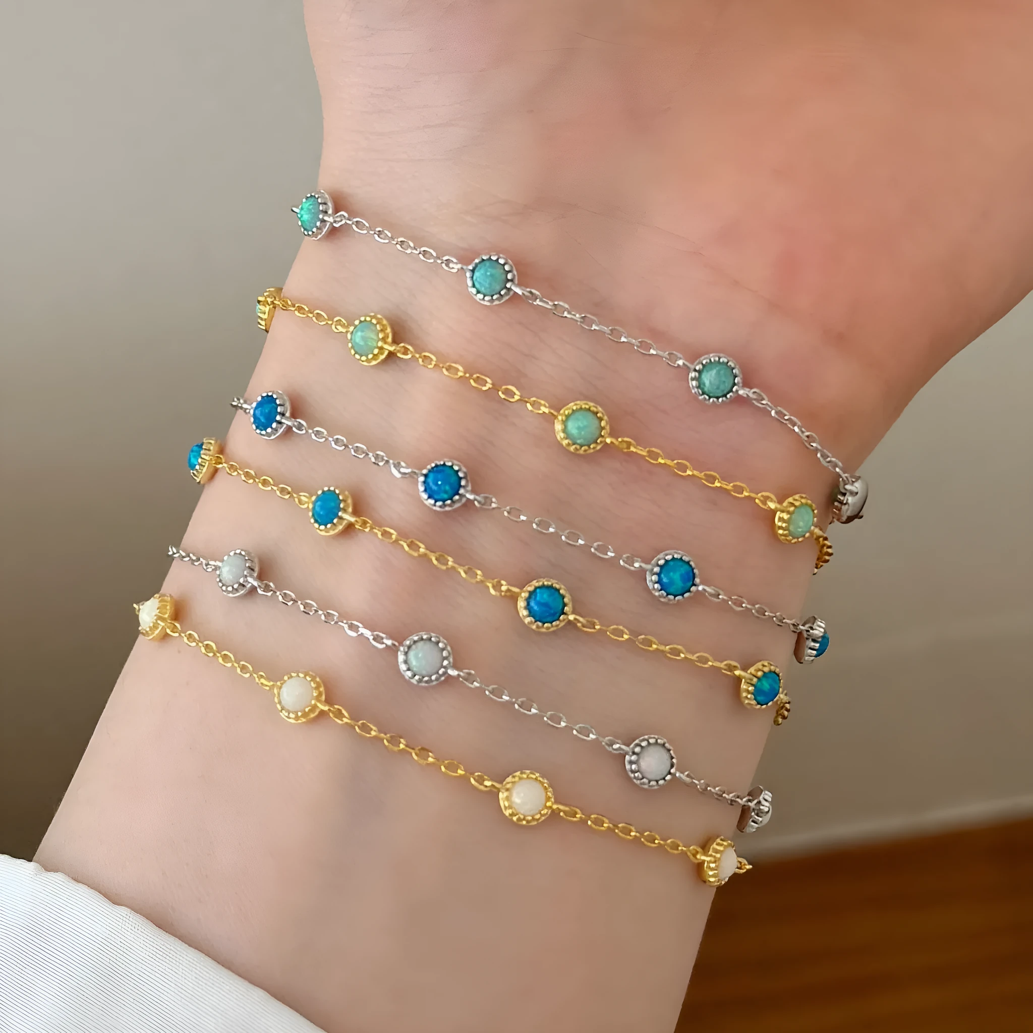 925 sterling silver bracelet with round opal stones in Japanese Korean geometric style for women