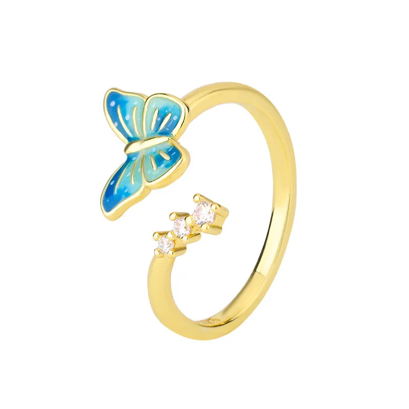 National style new Chinese enamel butterfly ring with adjustable opening, blue hue, copper base, silver finish