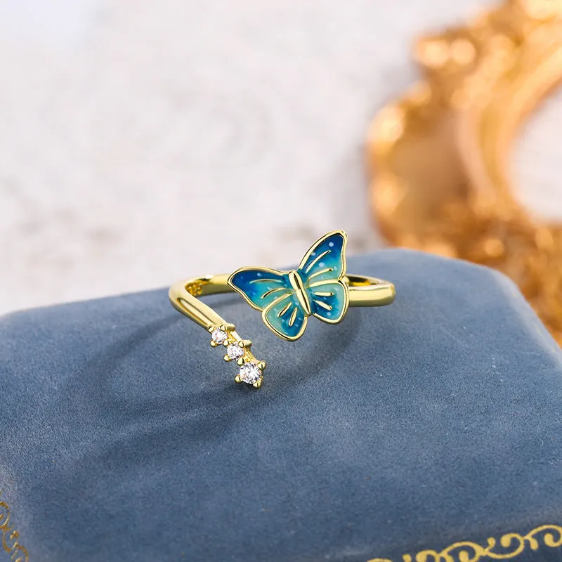 National style new Chinese enamel butterfly ring with adjustable opening, blue hue, copper base, silver finish
