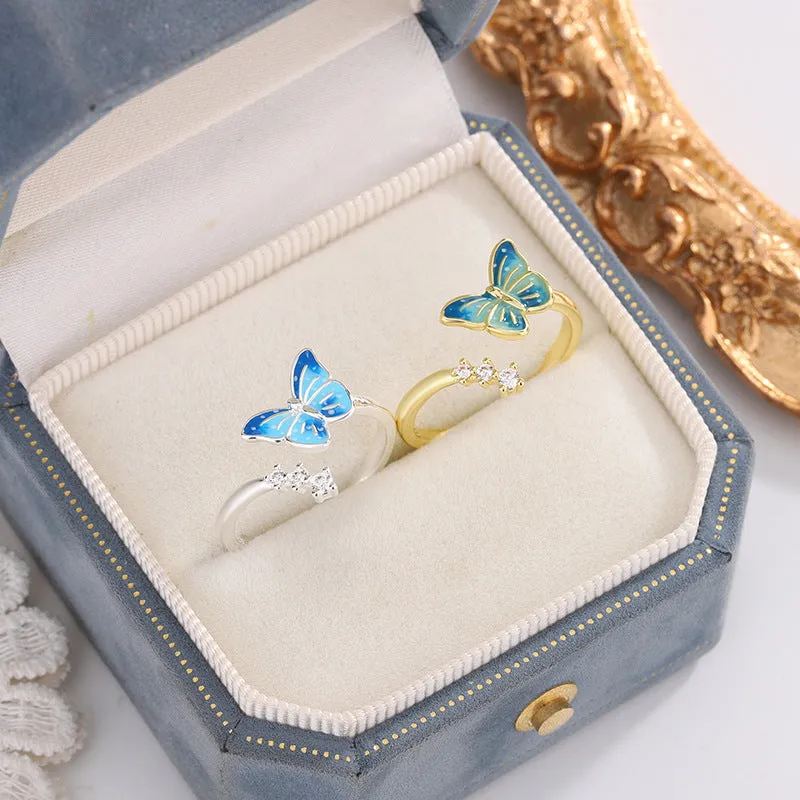National style new Chinese enamel butterfly ring with adjustable opening, blue hue, copper base, silver finish
