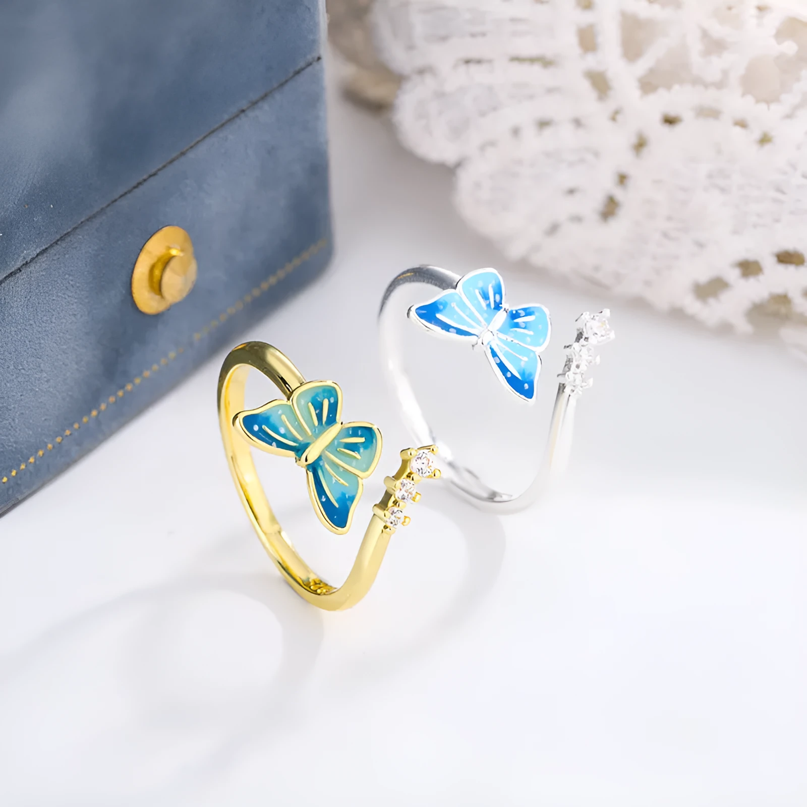 National style new Chinese enamel butterfly ring with adjustable opening, blue hue, copper base, silver finish