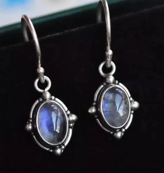 S925 sterling silver earrings inlaid with natural moonstone showing blue light retro compact women's jewellery