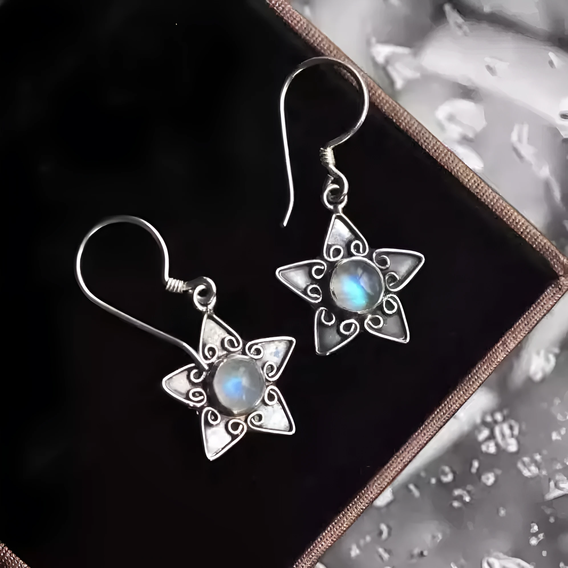S925 sterling silver earrings inlaid with natural moonstone showing blue light retro compact women's jewellery