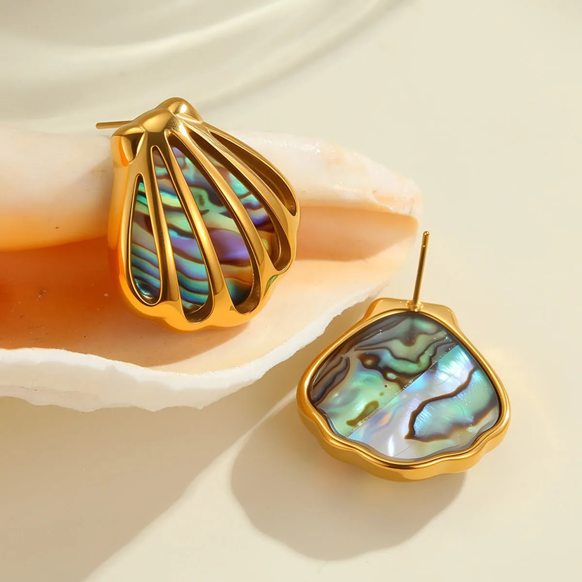 18K gold plated stainless steel scallop shell fan shaped stud earrings and necklace for women