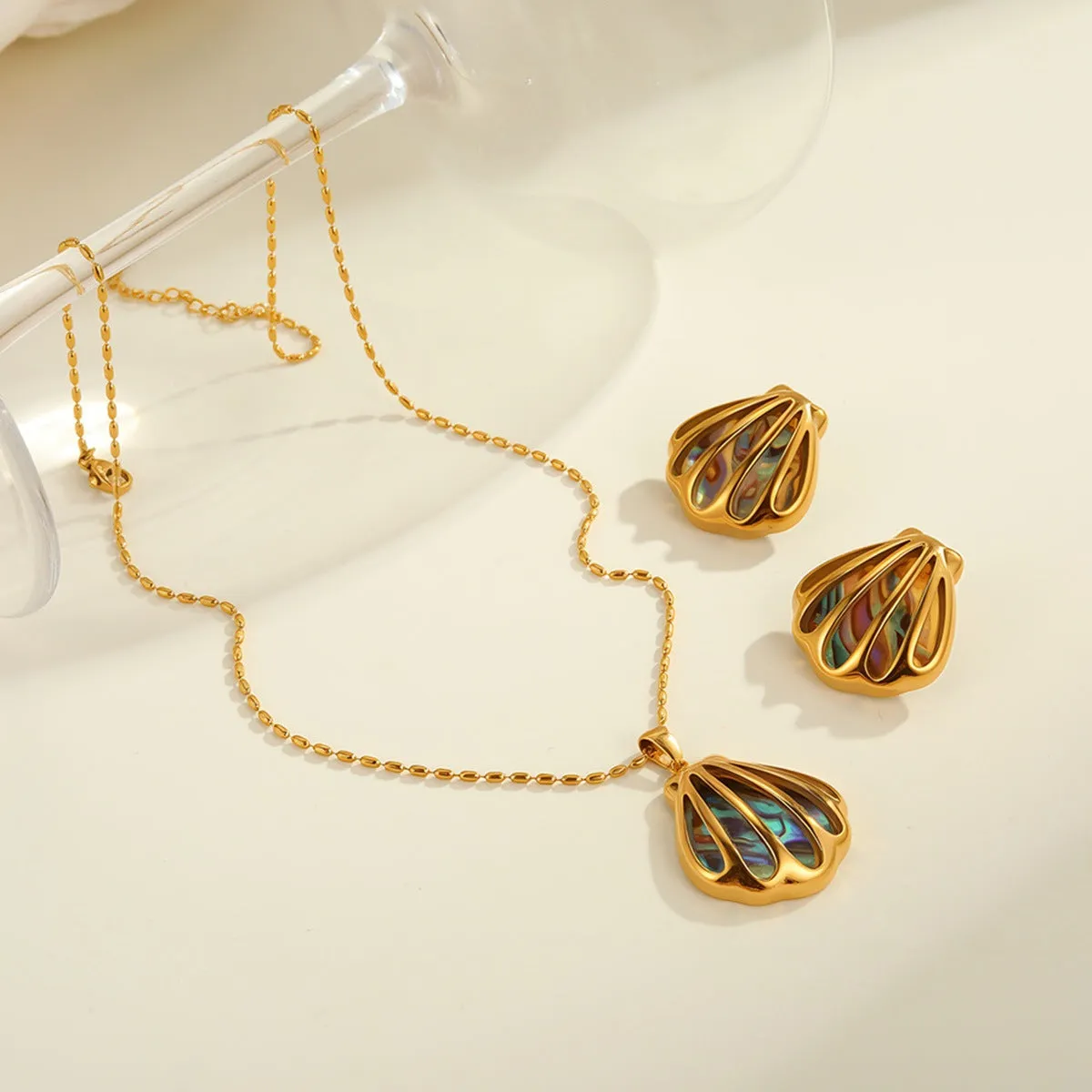 18K gold plated stainless steel scallop shell fan shaped stud earrings and necklace for women