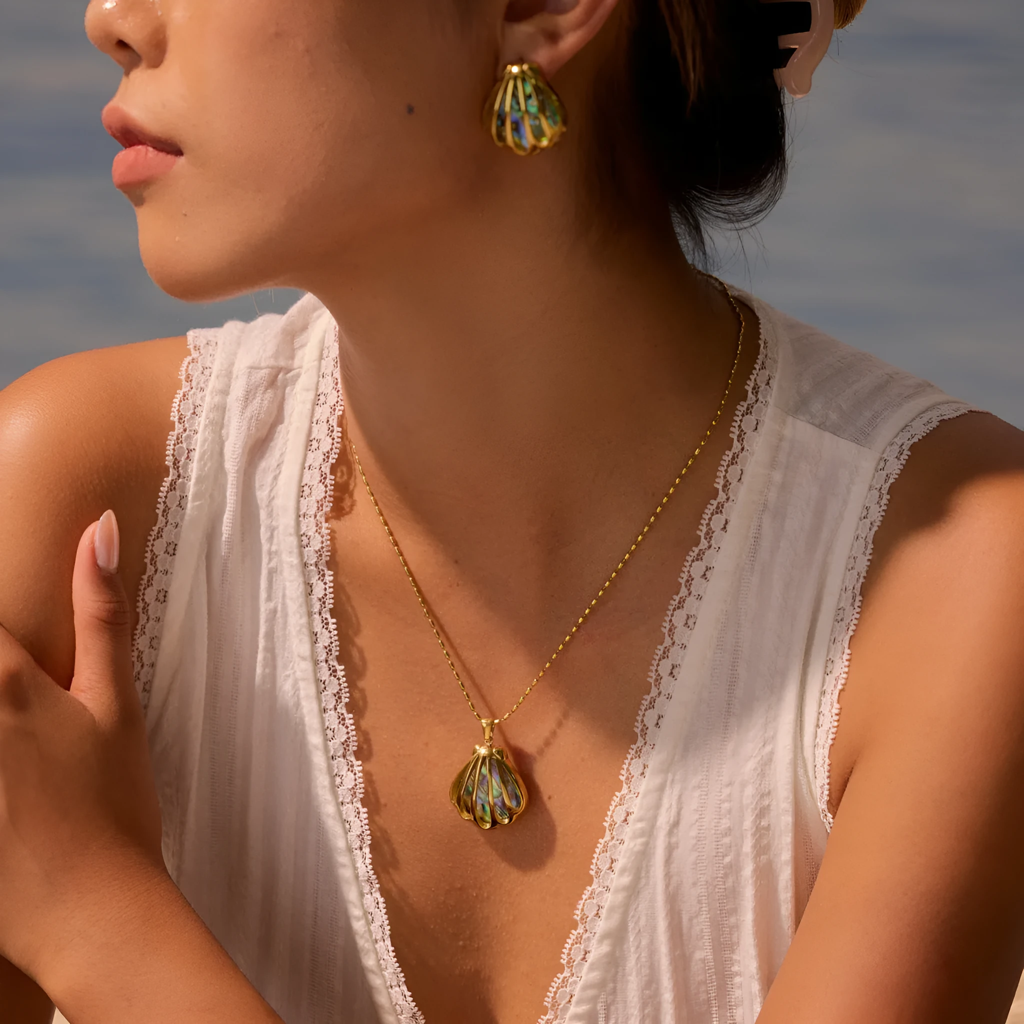 18K gold plated stainless steel scallop shell fan shaped stud earrings and necklace for women