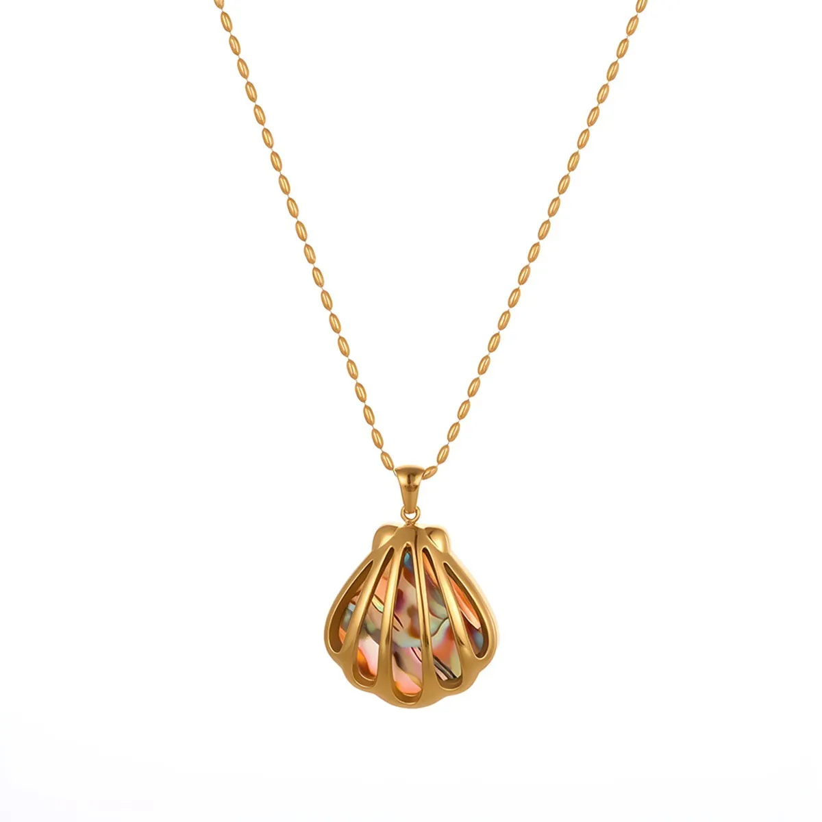 18K gold plated stainless steel scallop shell fan shaped stud earrings and necklace for women