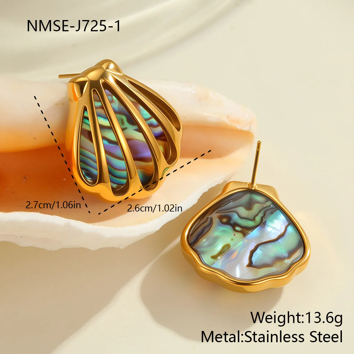 18K gold plated stainless steel scallop shell fan shaped stud earrings and necklace for women