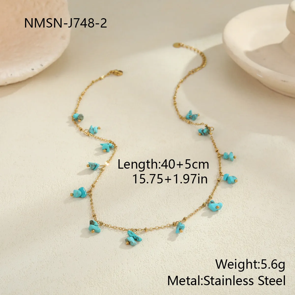 Natural stone necklace with stainless steel chain and 18K gold plating, available in amethyst