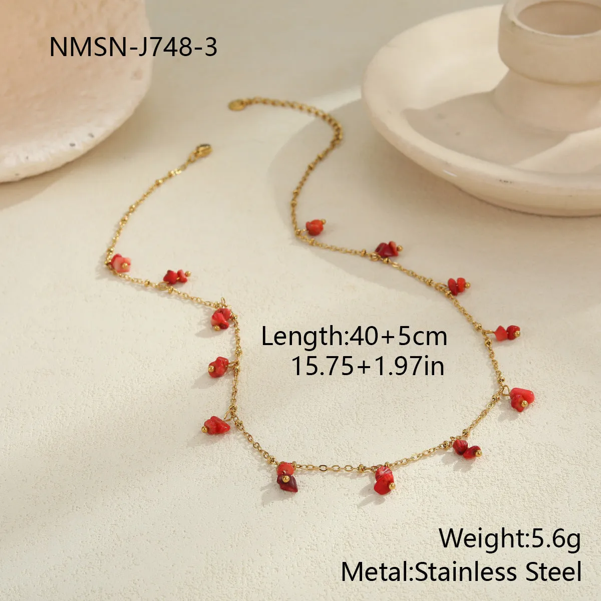 Natural stone necklace with stainless steel chain and 18K gold plating, available in amethyst