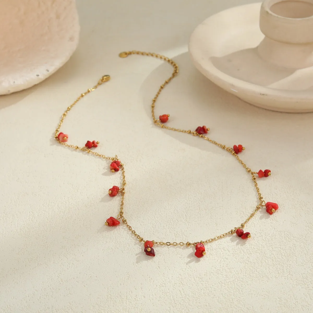 Natural stone necklace with stainless steel chain and 18K gold plating, available in amethyst