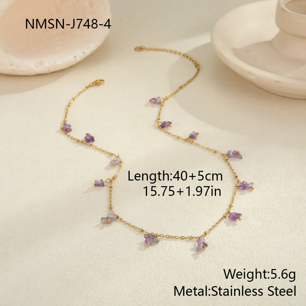 Natural stone necklace with stainless steel chain and 18K gold plating, available in amethyst