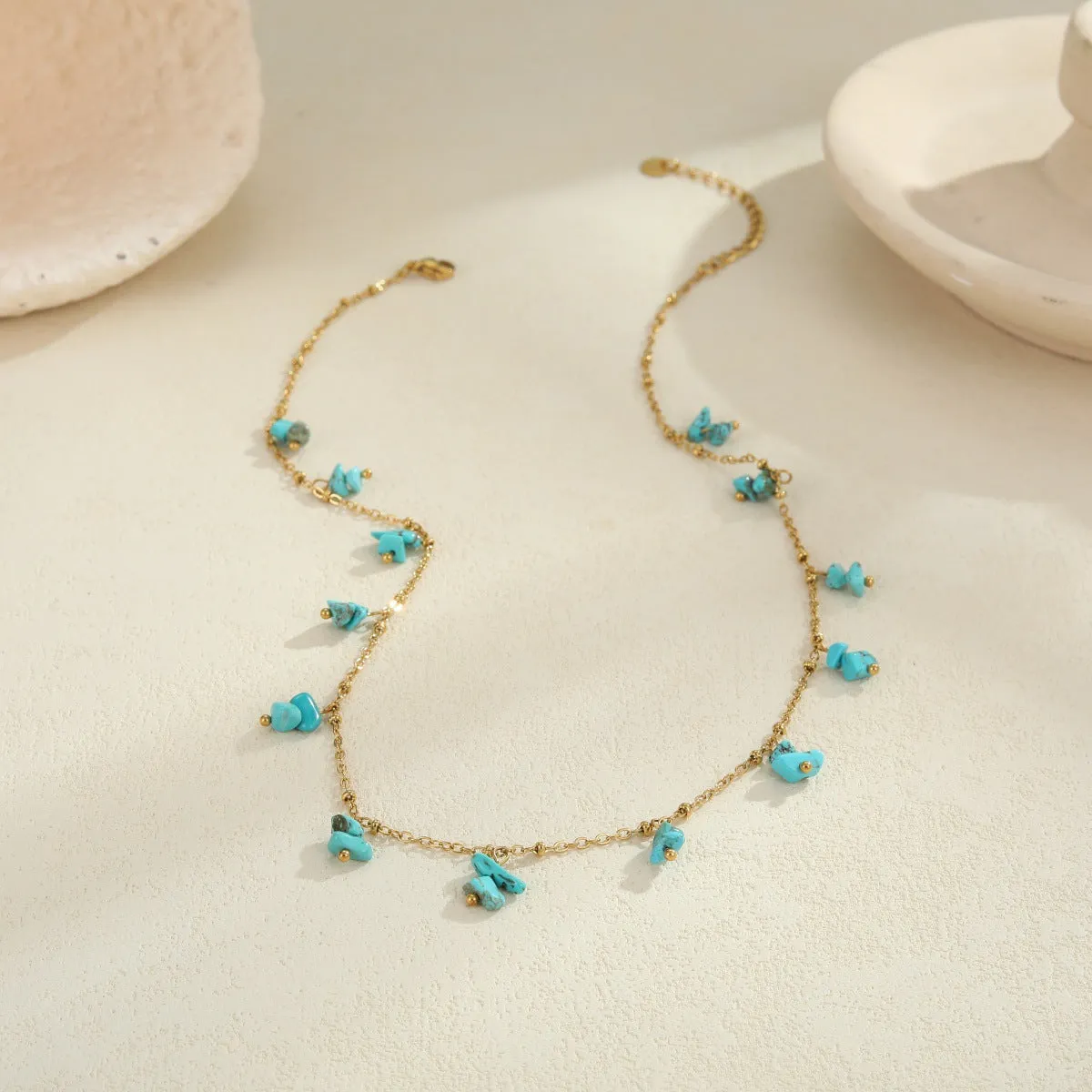 Natural stone necklace with stainless steel chain and 18K gold plating, available in amethyst