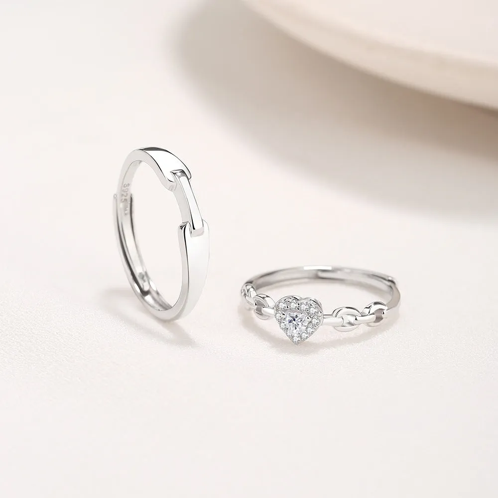 925 silver couple ring with diamond detail and adjustable opening, geometric shape with heart and chain motifs