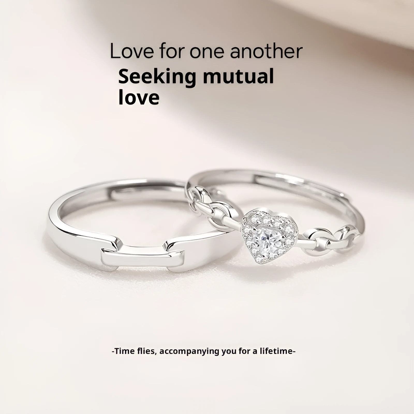 925 silver couple ring with diamond detail and adjustable opening, geometric shape with heart and chain motifs