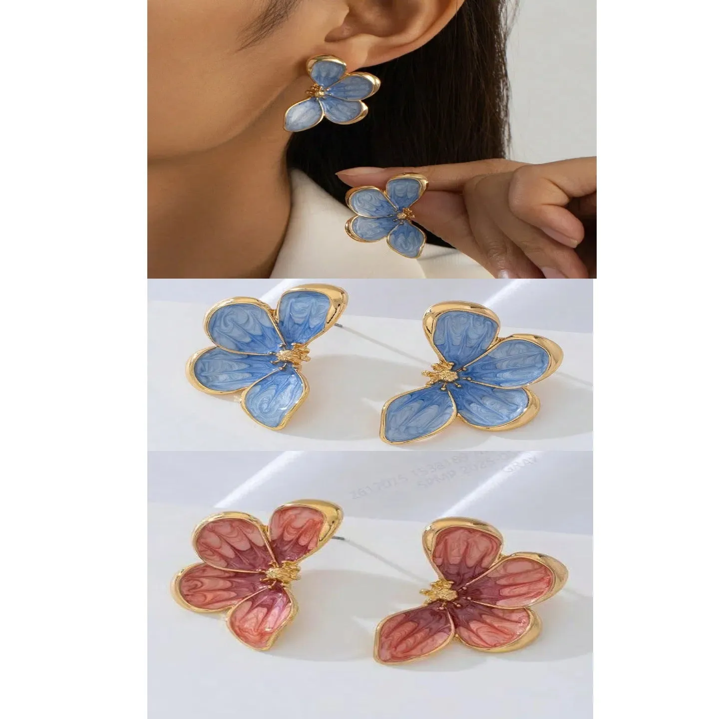 Alloy three-dimensional flower drop dangle earrings in blue and red for women